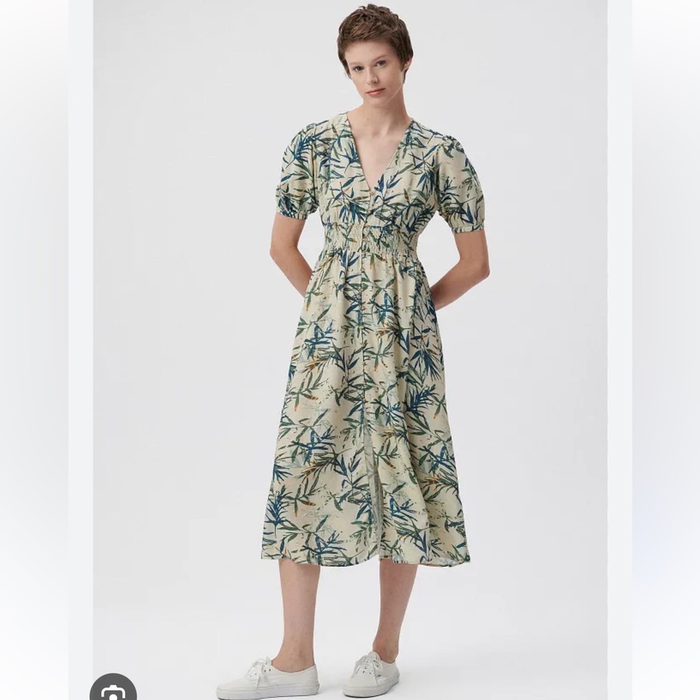 Mavi v-neck leaf printed beige dress
